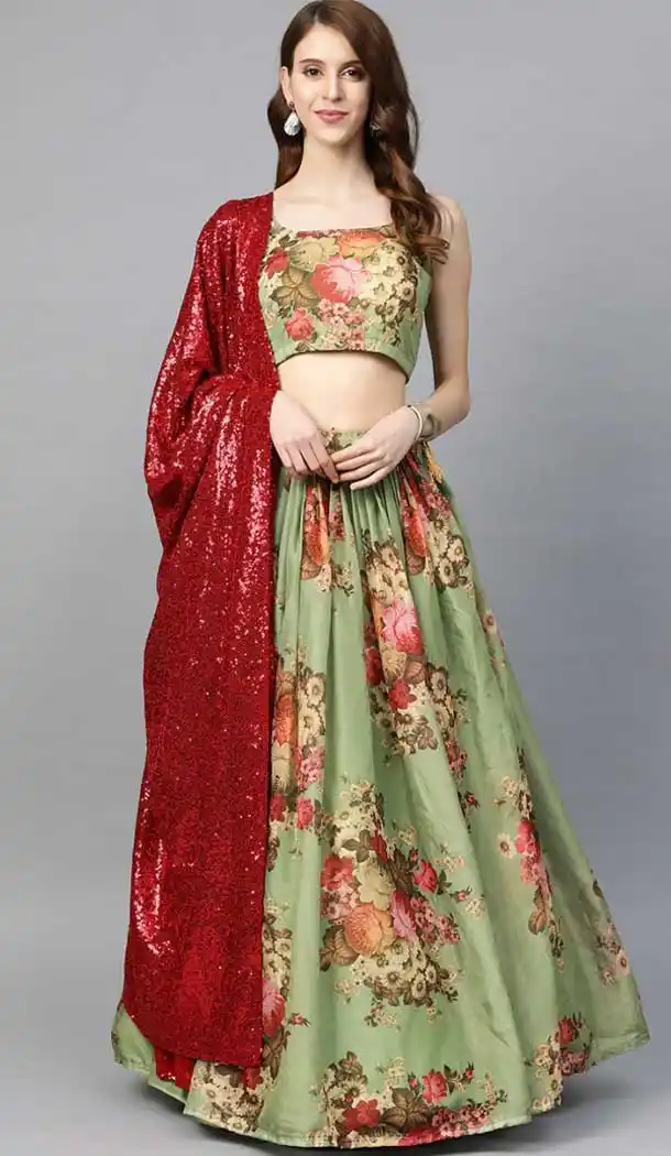 Green Color Pure Bt Organza Digital Printed Party Wear Women Lehenga -1928134528