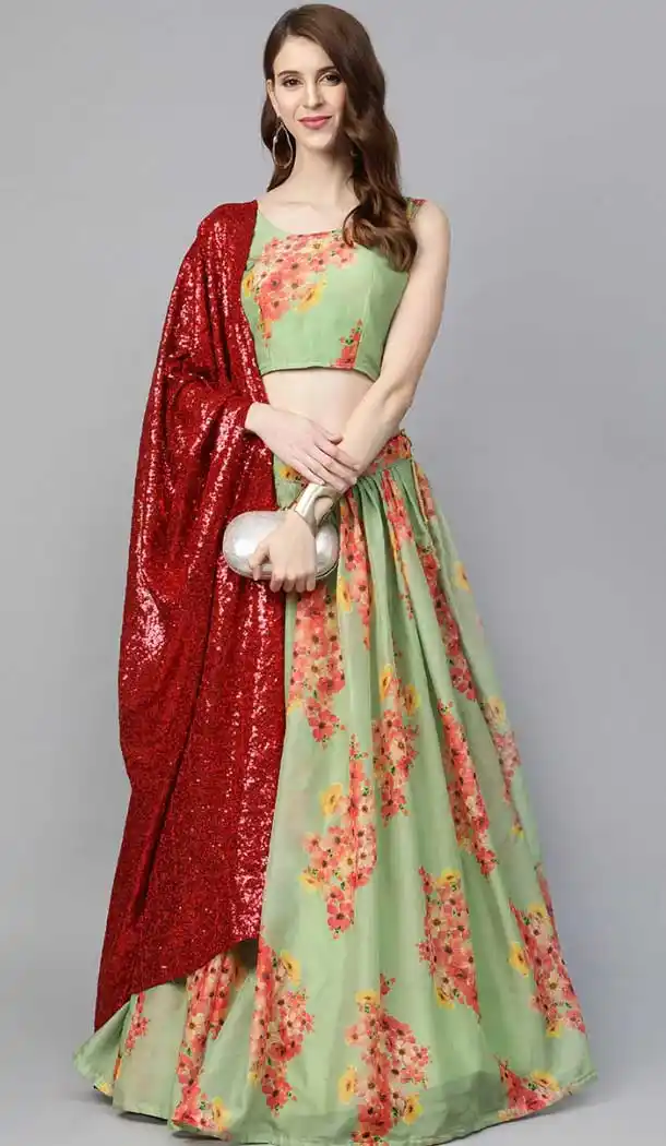 Elegance Green Color Pure Bt Organza Digital Printed Party Wear Women Lehenga -1928134531