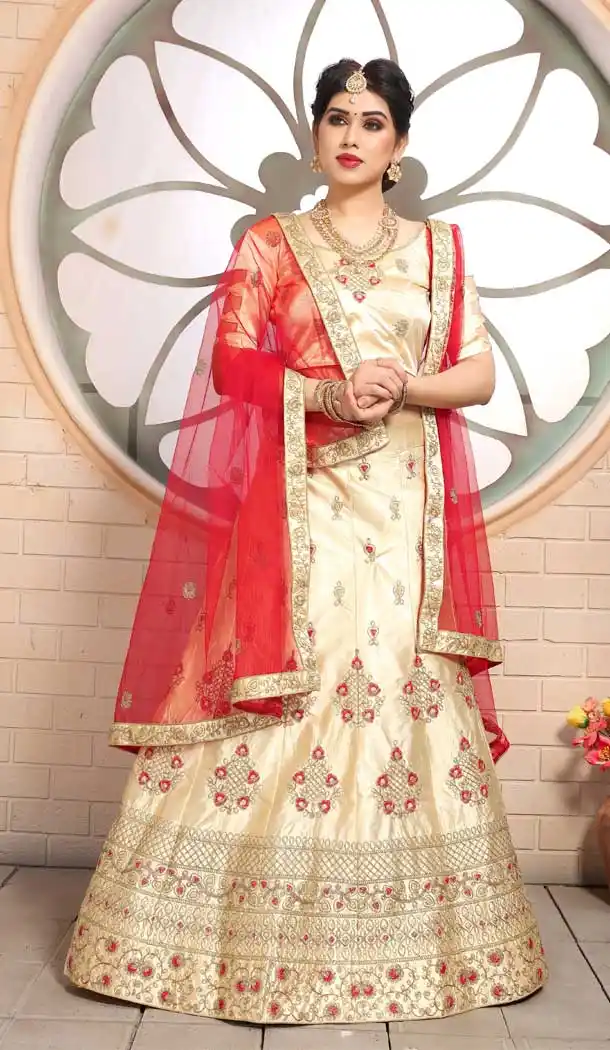 Cream Color Pure Satin Silk Traditional Wear Women Lehenga Choli -1929134533