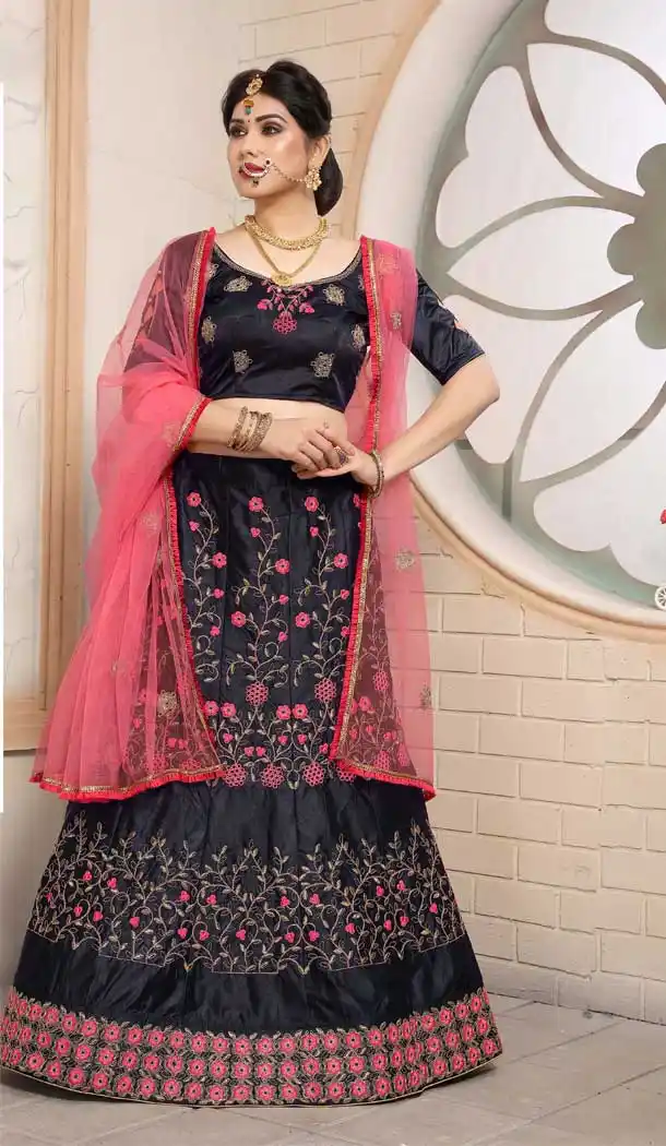 Black Color Pure Satin Silk Traditional Wear Women Lehenga Choli -1929134536