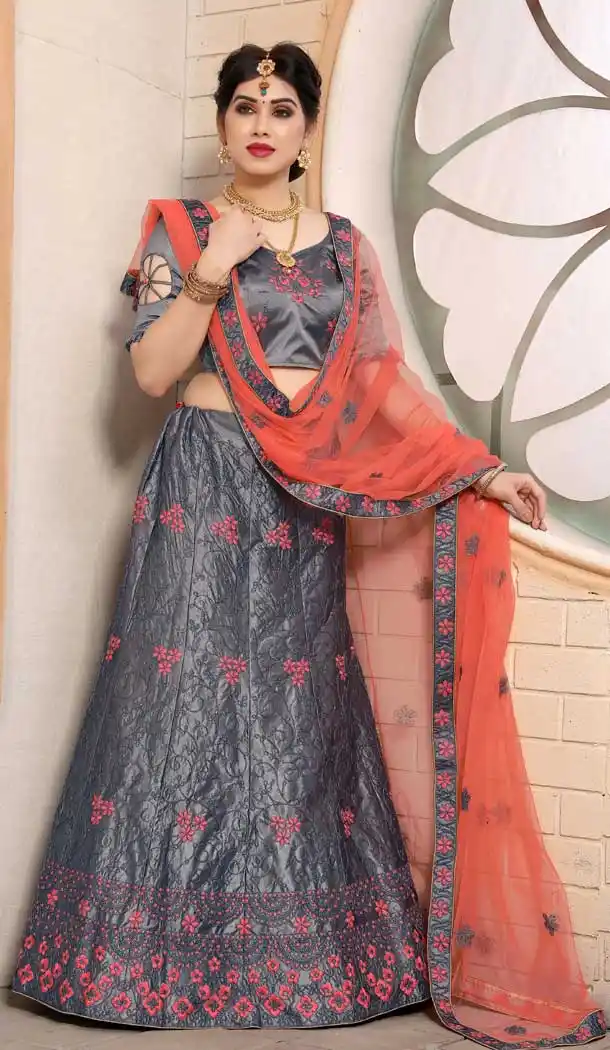 Grey Color Pure Satin Silk Traditional Wear Women Lehenga Choli -1929134537