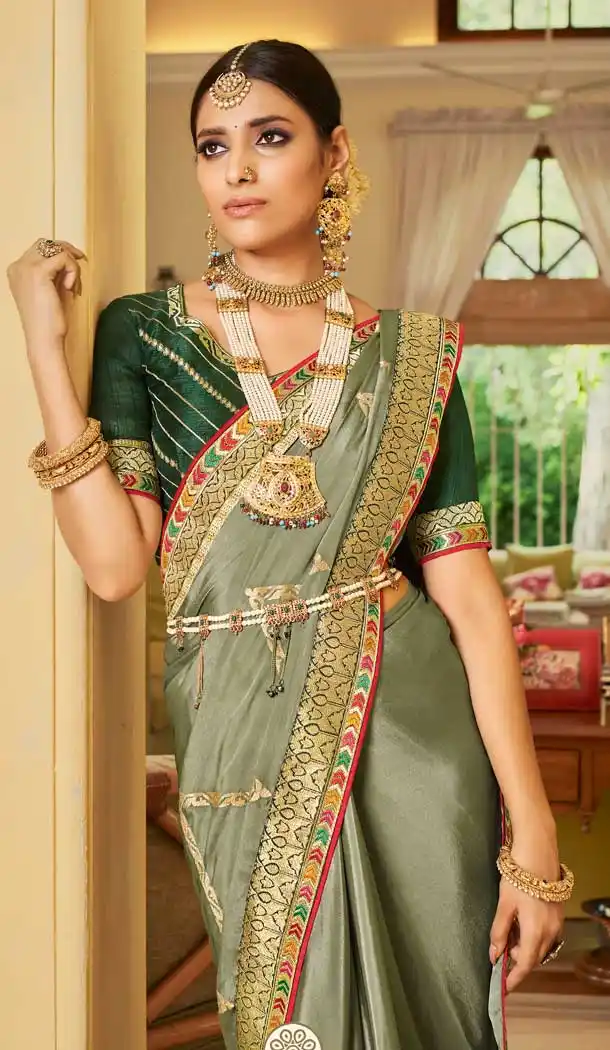 Pista Color Soft Crepe Silk Traditional Wear Designer Saree Blouse -1934134567