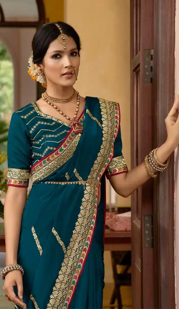Teal Blue Color Soft Crepe Silk Traditional Wear Designer Saree Blouse -1934134570