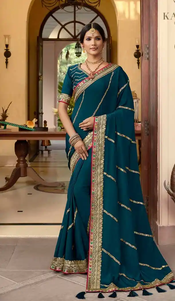 Teal Blue Color Soft Crepe Silk Traditional Wear Designer Saree Blouse -1934134570