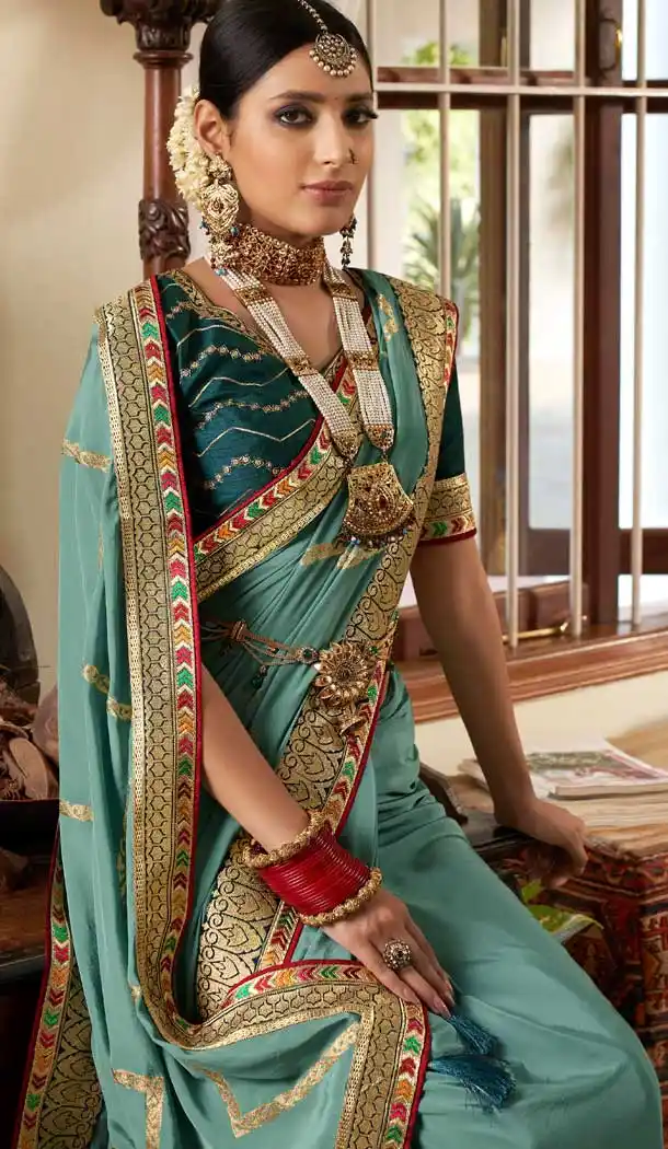Steel Blue Color Soft Crepe Silk Traditional Wear Designer Saree Blouse -1934134571