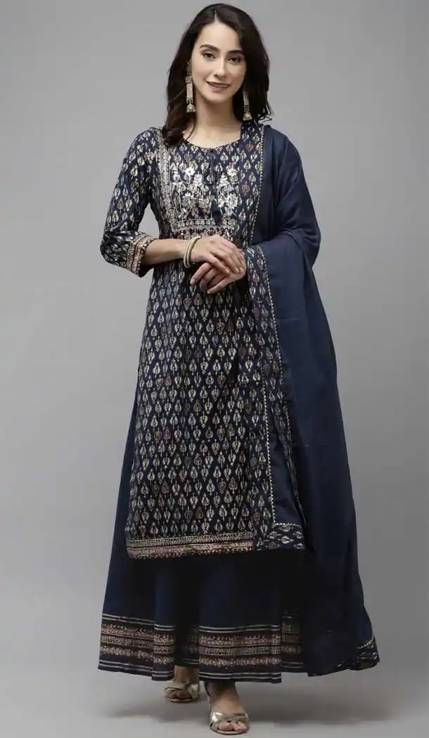 Navy Blue Color Cotton Designer Party Wear Ready Made Kurti Set -1942134607