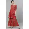 Red Color Cotton Designer Party Wear Ready Made Kurti Set -1942134608