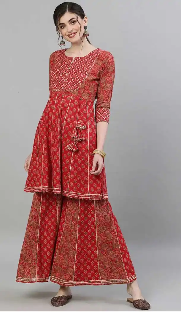 Red Color Cotton Designer Party Wear Ready Made Kurti Set -1942134608