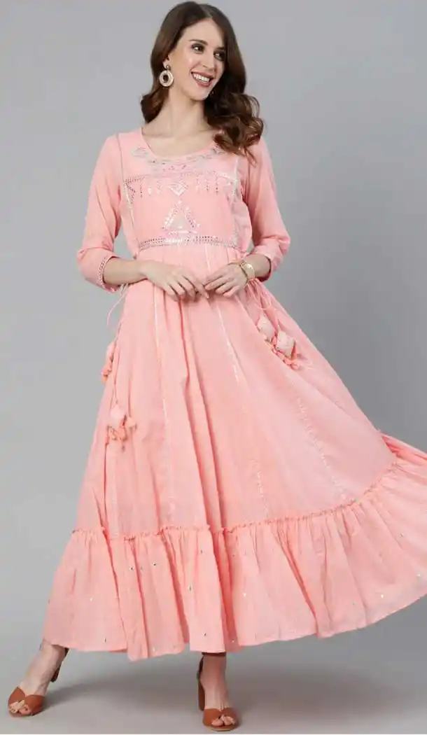 Peach Color Cotton Designer Party Wear Ready Made Kurti Set -1942134609