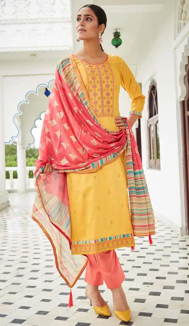 Yellow Color Cotton Satin Casual Party Wear Salwar Suit -1957134785