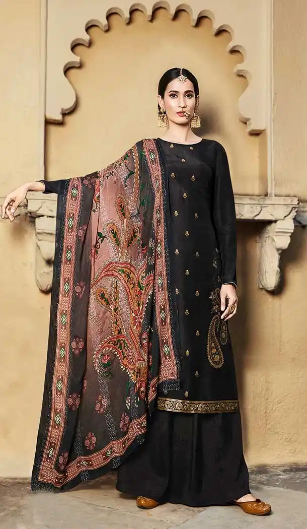 Black Color Pure Viscose Russian Silk Jacquard Salwar Suit -1969135009