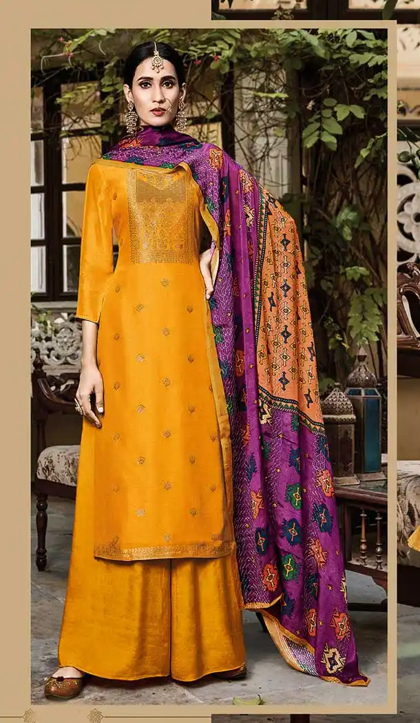 Yellow Color Pure Viscose Russian Silk Jacquard Salwar Suit -1969135010
