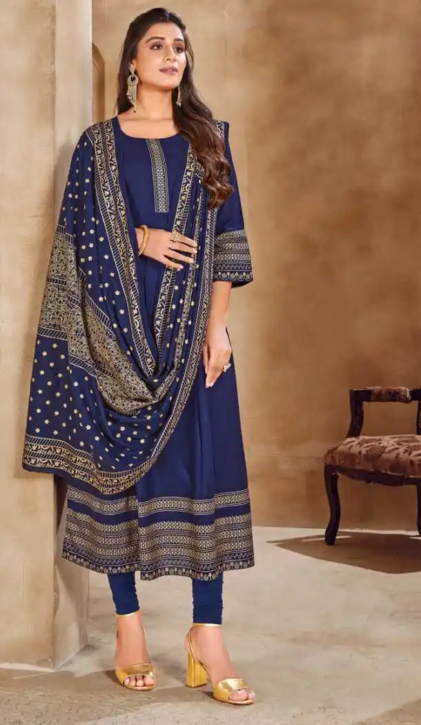 Blue Color Heavy 14 Kg Rayon Readymade Plus Size Anarkali Suit -1970135013