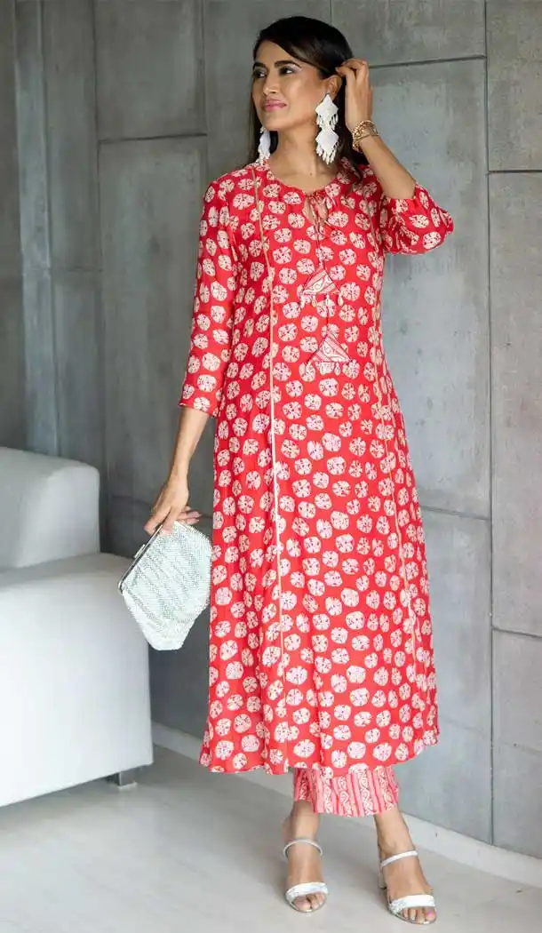 Ethnic Red Color Pure Maslin Party Wear Readymade Kurti -1974135029