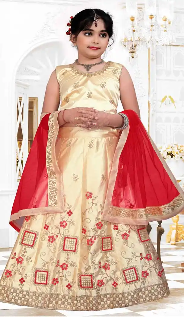 Cream Color Silk Designer Wear Readymade Kids Girls Lehenga Choli -1988135123