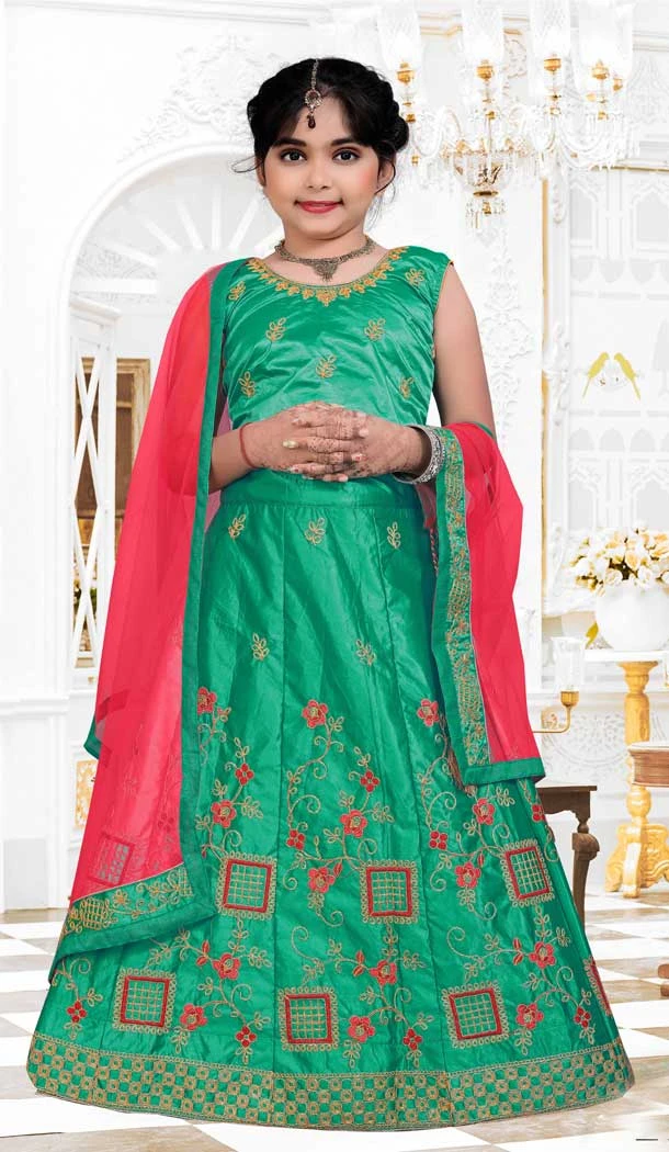 Green Color Silk Designer Wear Readymade Kids Girls Lehenga Choli -1988135124