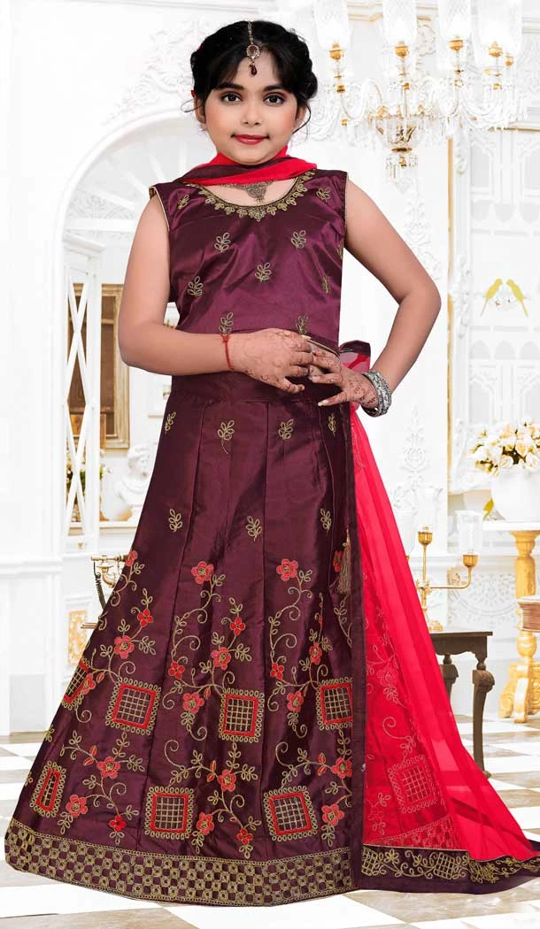 Coffee Color Silk Designer Wear Readymade Kids Girls Lehenga Choli -1988135125