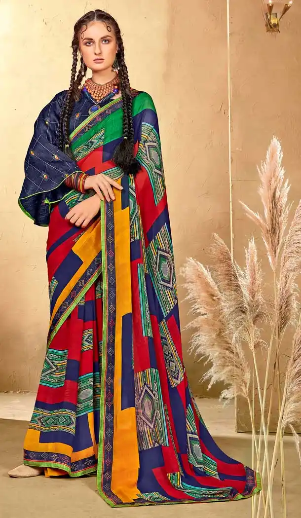 Dazzling Diva Multi Color Georgette Party Wear Abstract Printed Saree -1998135192