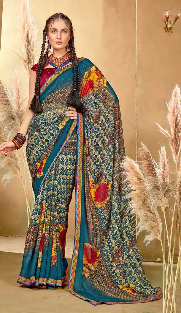 Chic Multi Color Georgette Party Wear Abstract Printed Saree -1998135195