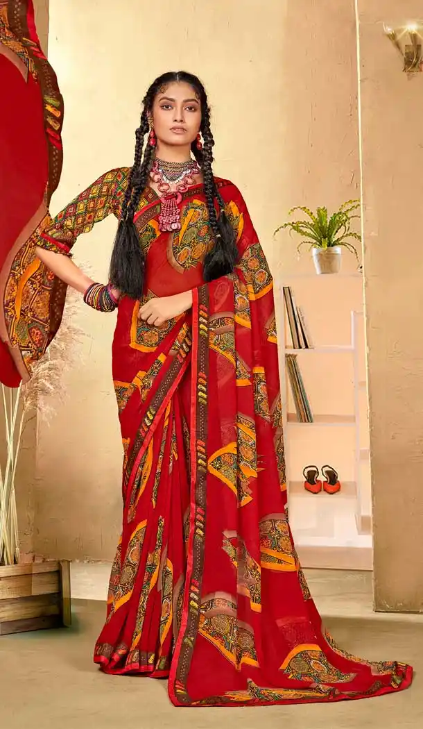 Emerald Multi Color Georgette Party Wear Abstract Printed Saree -1998135200