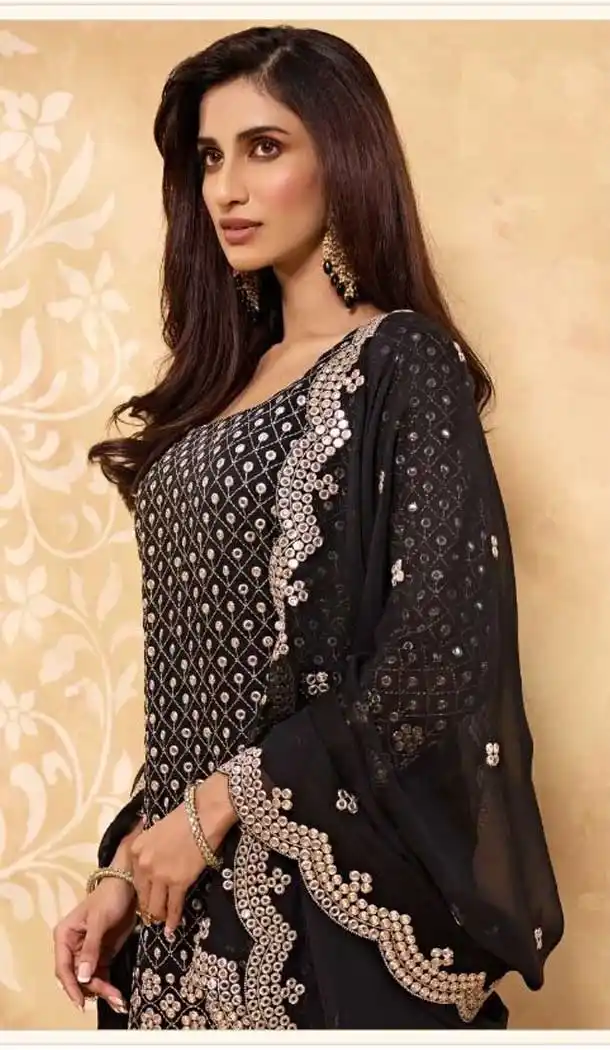 Black Color Faux Georgette Pakistani Style Palazzo Salwar Suit -2059135706