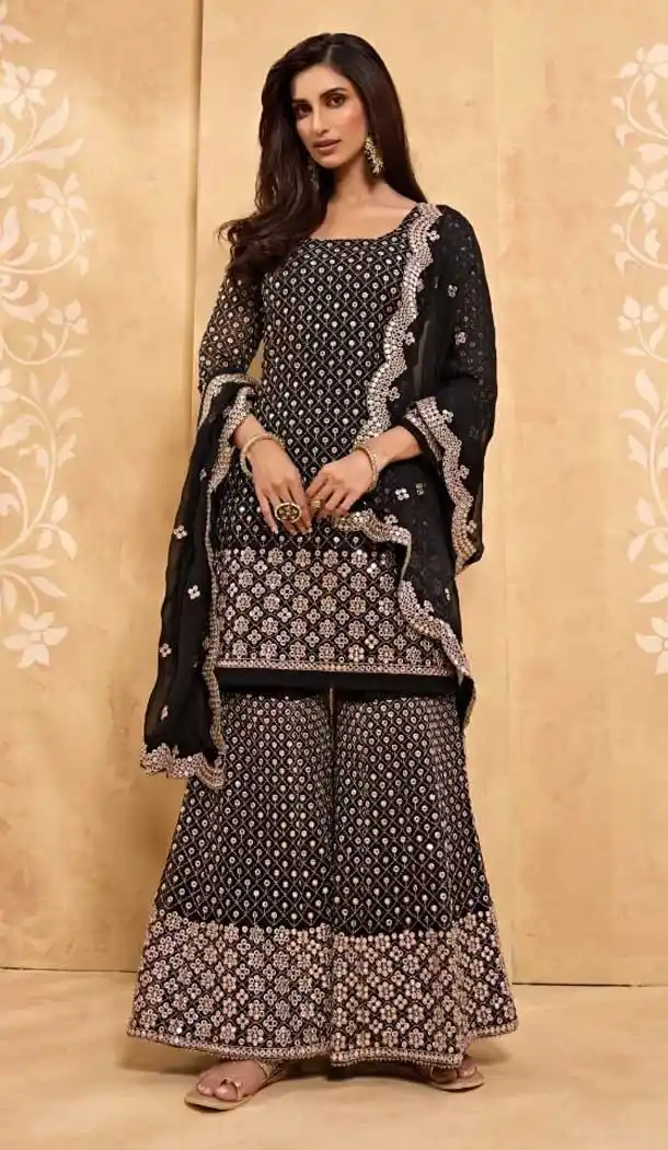 Black Color Faux Georgette Pakistani Style Palazzo Salwar Suit -2059135706