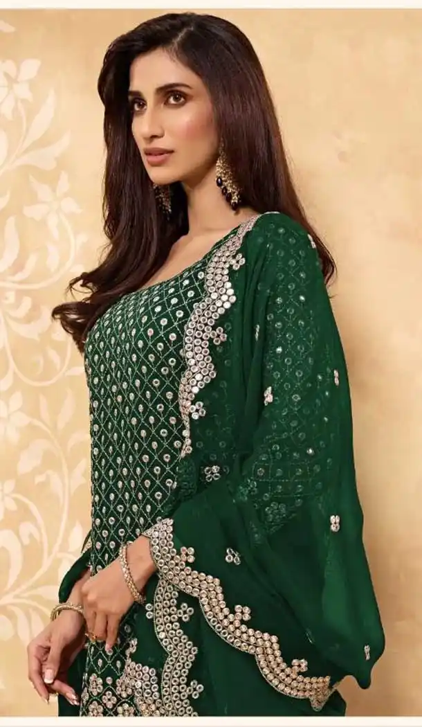 Green Color Faux Georgette Pakistani Style Palazzo Salwar Suit -2059135707
