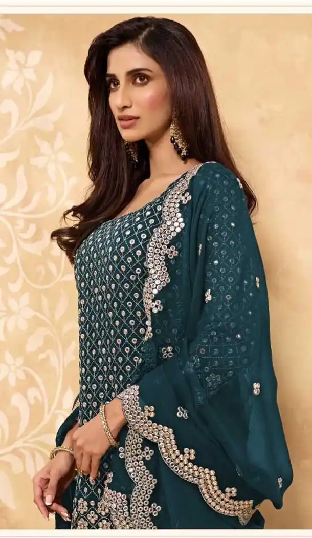 Sea Blue Color Faux Georgette Pakistani Style Palazzo Salwar Suit -2059135709