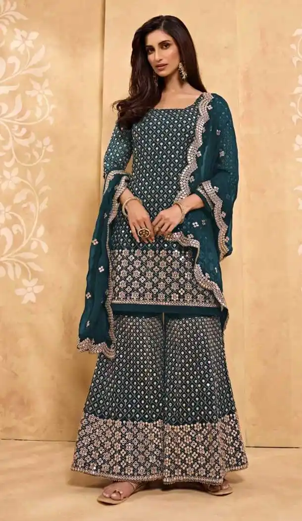 Sea Blue Color Faux Georgette Pakistani Style Palazzo Salwar Suit -2059135709