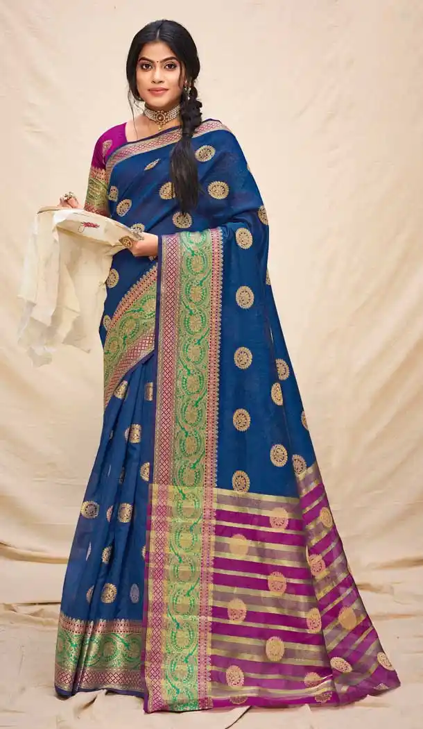 Blue Color Cotton Silk Jacquard Woven Work Casual Wear Saree -2062135720