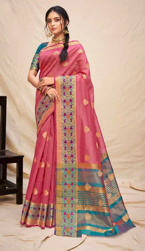 Pink Color Cotton Silk Jacquard Woven Work Casual Wear Saree -2062135721
