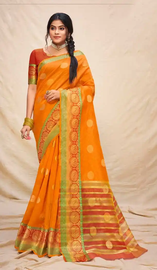 Yellow Color Cotton Silk Jacquard Woven Work Casual Wear Saree -2062135722