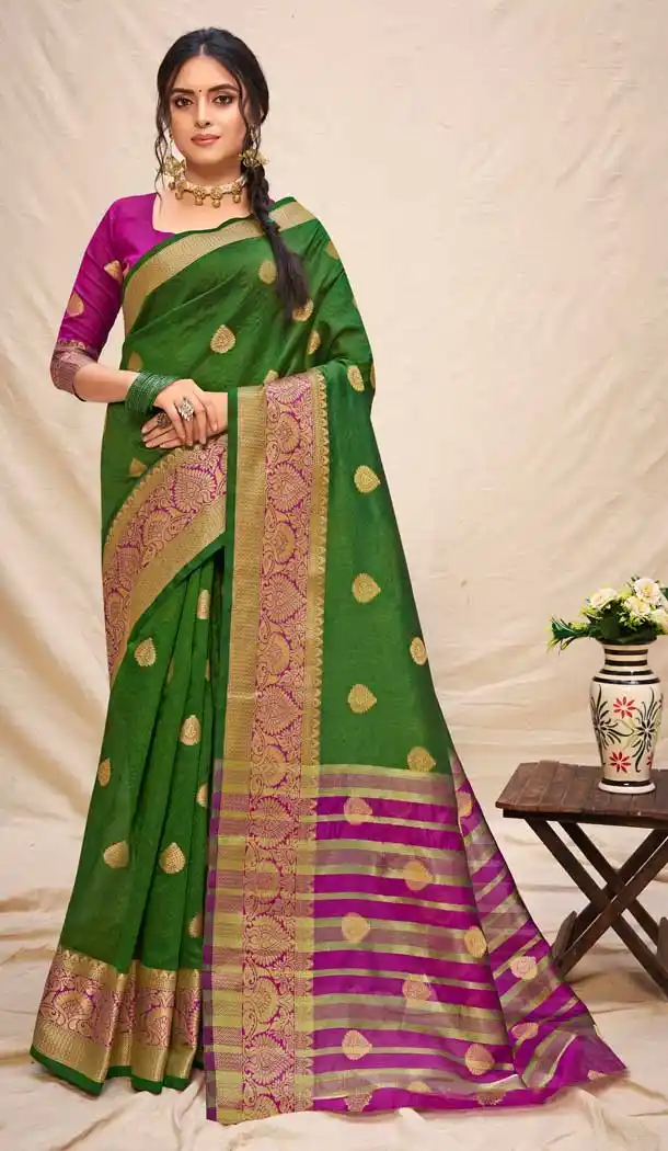 Green Color Cotton Silk Jacquard Woven Work Casual Wear Saree -2062135723
