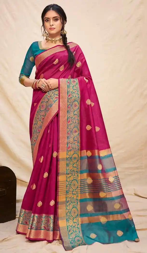 Rani Pink Color Cotton Silk Jacquard Woven Work Casual Wear Saree -2062135724