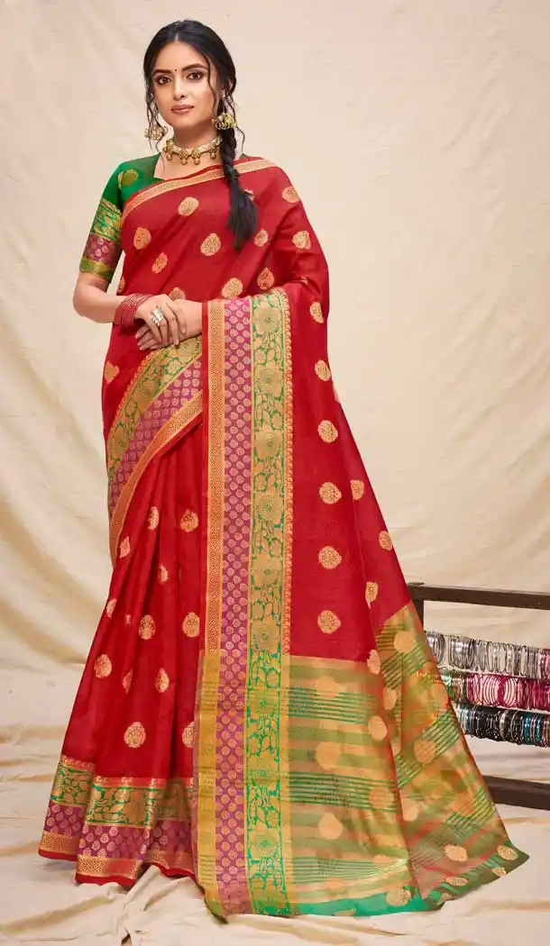 Red Color Cotton Silk Jacquard Woven Work Casual Wear Saree -2062135725