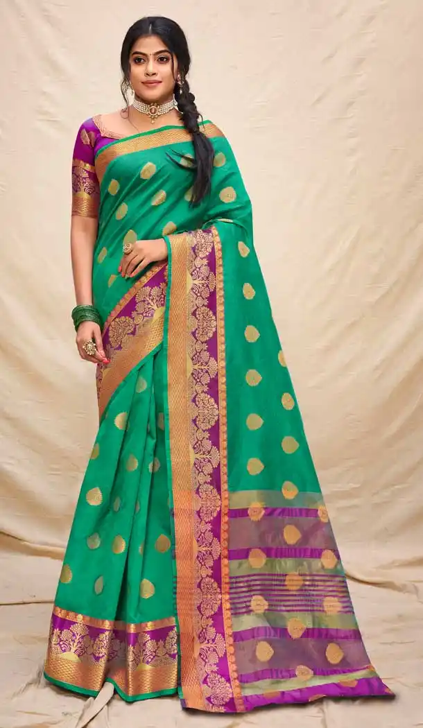 Sea Green Color Cotton Silk Jacquard Woven Work Casual Wear Saree -2062135726