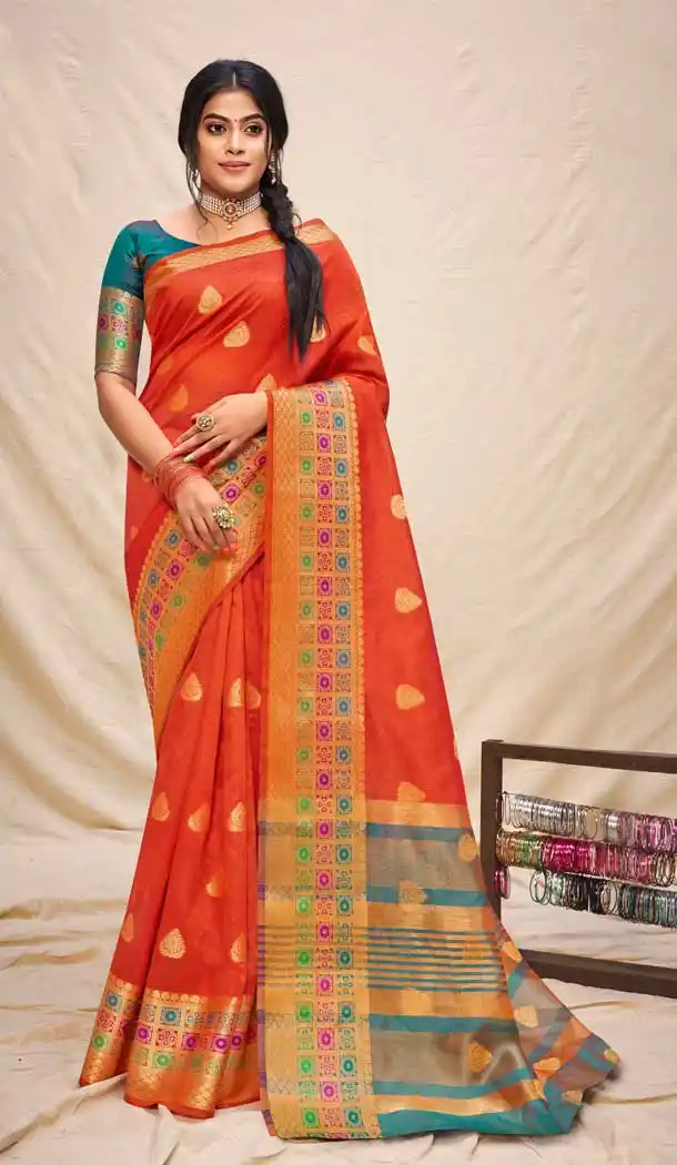 Orange Color Cotton Silk Jacquard Woven Work Casual Wear Saree -2062135727