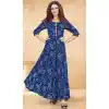Blue Color Rayon Printed Work Readymade Plus Size Long Kurti -2076135832