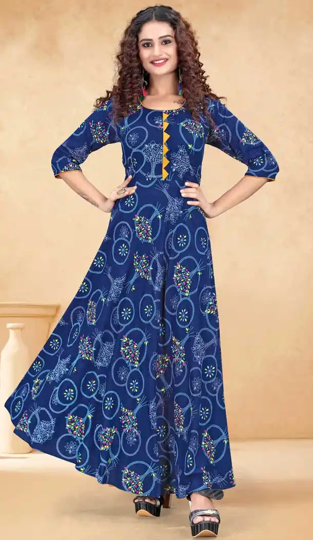 Blue Color Rayon Printed Work Readymade Plus Size Long Kurti -2076135832