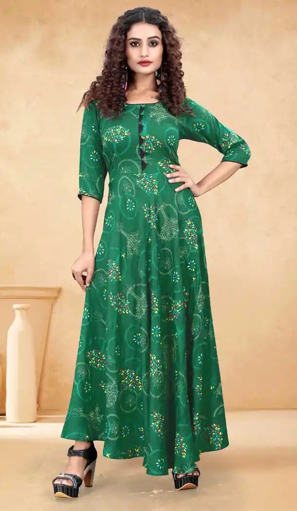 Green Color Rayon Printed Work Readymade Plus Size Long Kurti -2076135833