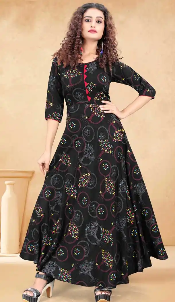 Black Color Rayon Printed Work Readymade Plus Size Long Kurti -2076135835