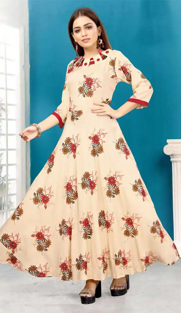 Cream Color Rayon Printed Work Readymade Plus Size Long Kurti -2076135837
