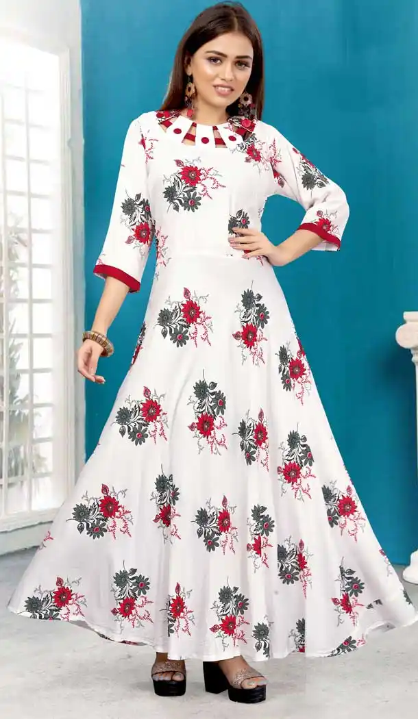 White Color Rayon Printed Work Readymade Plus Size Long Kurti -2076135839