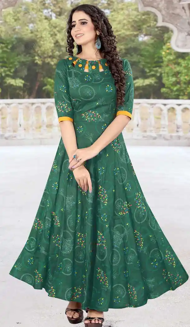 Luscious Green Color Rayon Printed Work Readymade Plus Size Long Kurti -2076135841