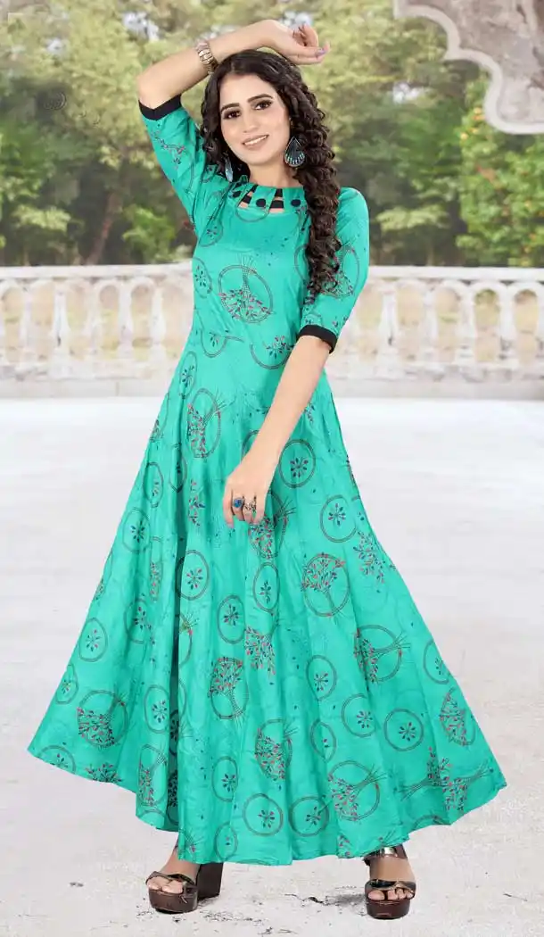 Aqua Color Rayon Printed Work Readymade Plus Size Long Kurti -2076135842