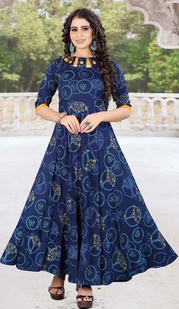 Scintillating Blue Color Rayon Printed Work Readymade Plus Size Long Kurti -2076135843