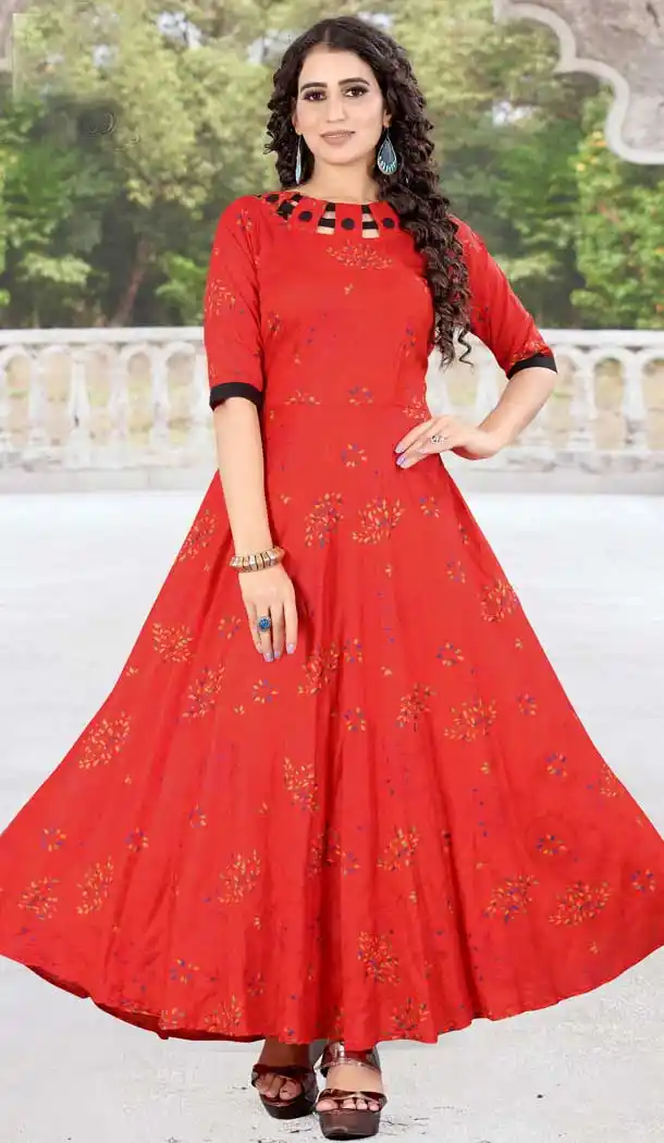 Pretty Red Color Rayon Printed Work Readymade Plus Size Long Kurti -2076135844