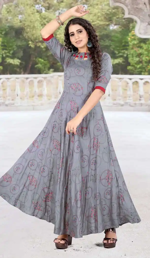 Magnificient Grey Color Rayon Printed Work Readymade Plus Size Long Kurti -2076135845