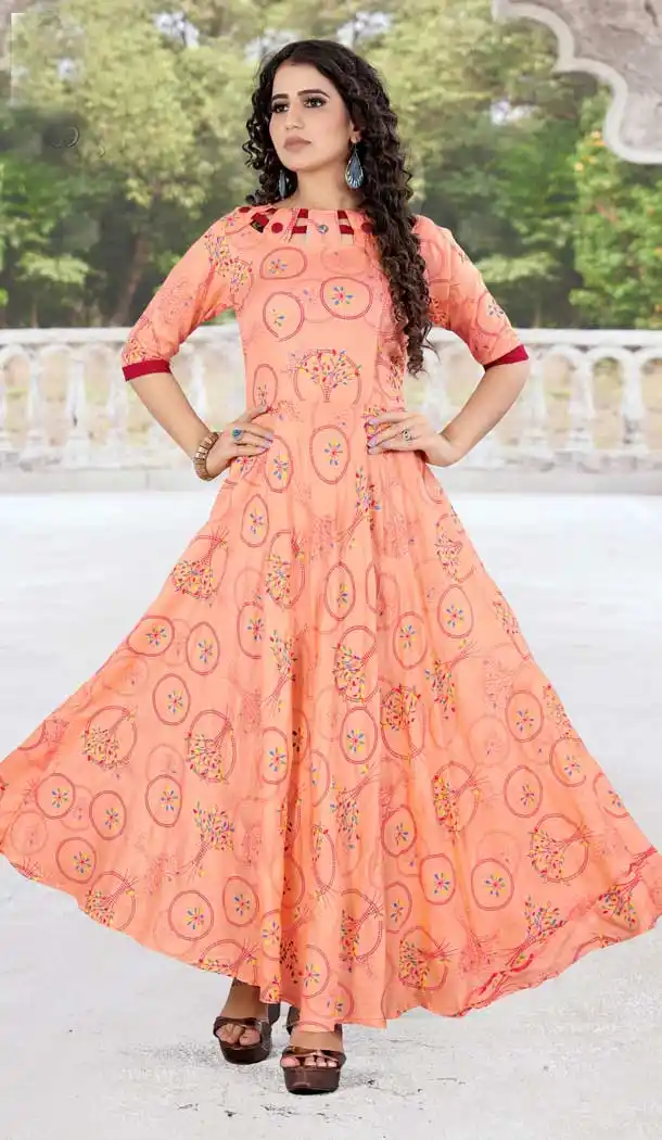 Enigmatic Peach Color Rayon Printed Work Readymade Plus Size Long Kurti -2076135847
