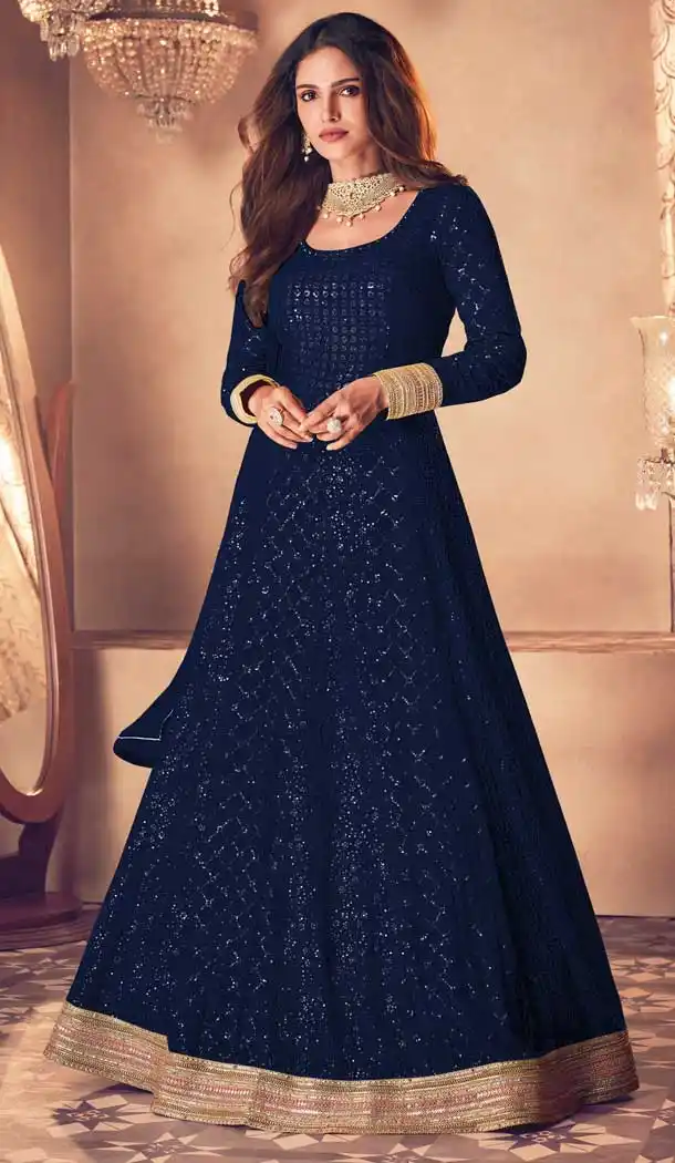 Navy Blue Color Pure Georgette Designer Pakistani Style Salwar Kameez -2080135873